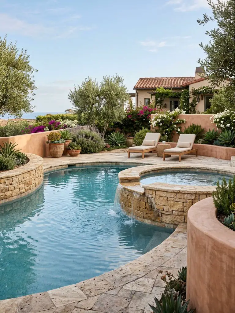 A Mediterranean-inspired beach pool backyard with an integrated spa, featuring curved stonework and warm earthy textures.