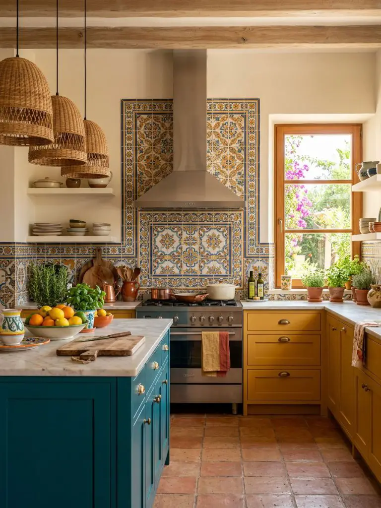 A Mediterranean-style kitchen featuring rich yellow lower cabinets paired with teal island cabinetry and intricate patterned ceramic tile ba.