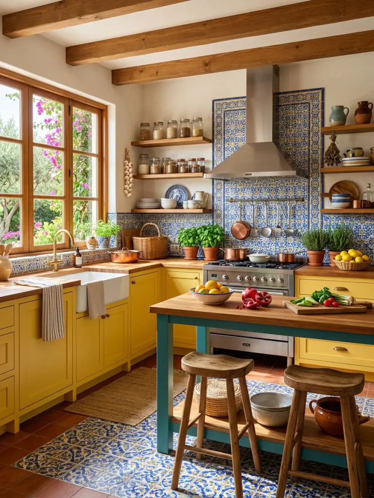 A Mediterranean-inspired farmhouse kitchen bursting with color, featuring sunny yellow lower cabinets, teal island accents, and intricate bl.