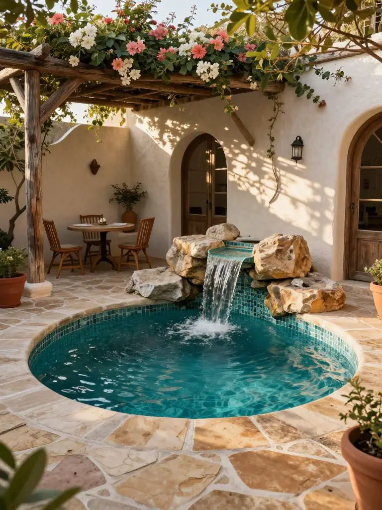 A Mediterranean-inspired backyard spa pool featuring a pergola-covered seating area and cascading stone waterfall.