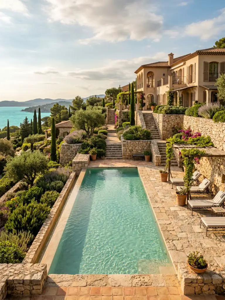 A Mediterranean-inspired hillside pool with terraced stone retaining walls and a villa backdrop.