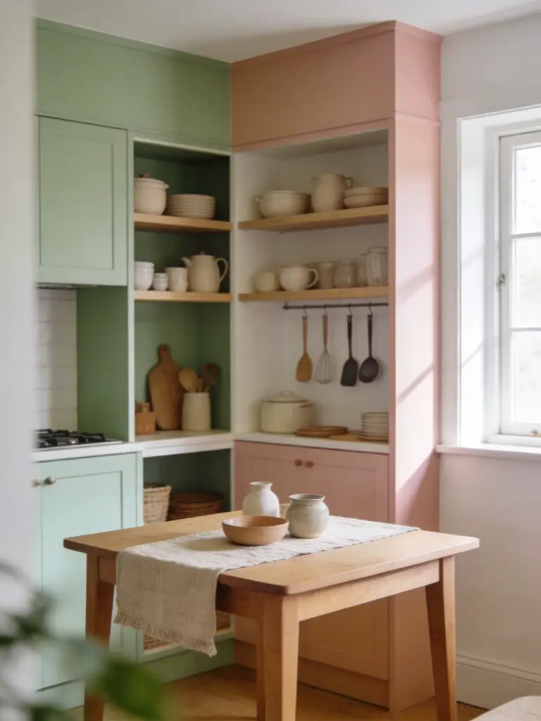 A soft minimalist colorful cottage kitchen with open shelving and a cozy dining corner.