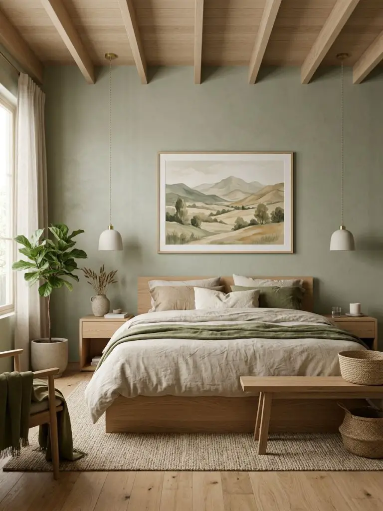 A minimal earthy bedroom in Warm Minimalist style featuring a low-profile wooden bed centered against a muted sage green wall.
