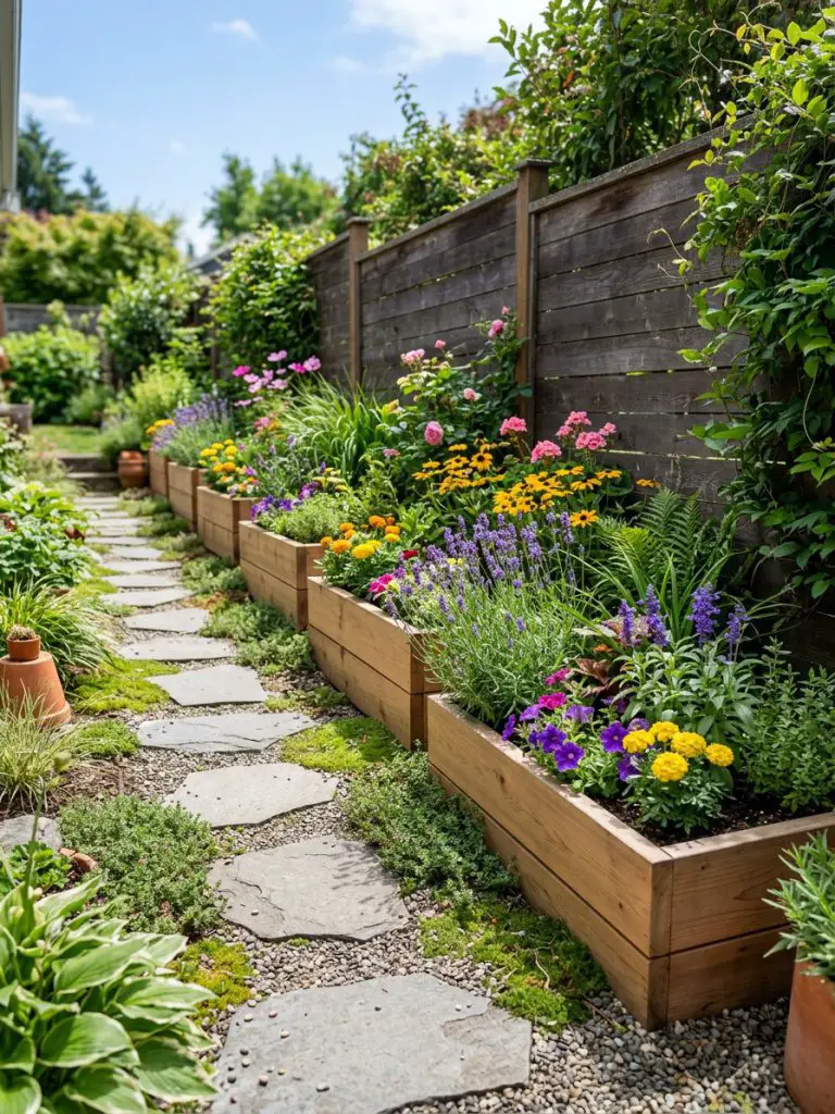 A compact small sloped garden along a fence line featuring minimalist wooden planter boxes filled with green plants and pops of purple, pink.