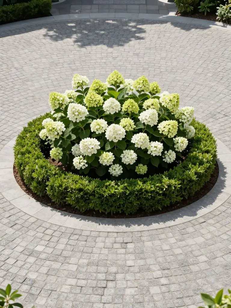 A minimalist circular driveway island designed in a modern classic style with a hydrangea centerpiece.