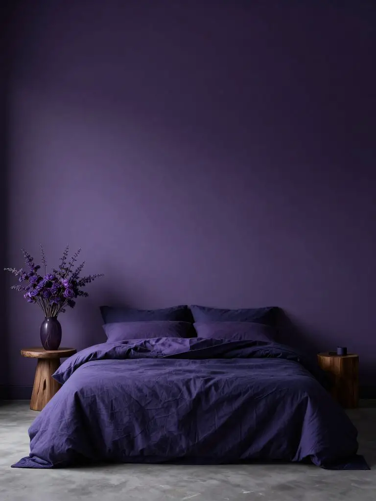 A minimalist moody purple bedroom with subtle witchy undertones, featuring a low bed dressed in deep indigo and violet bedding as the centra.