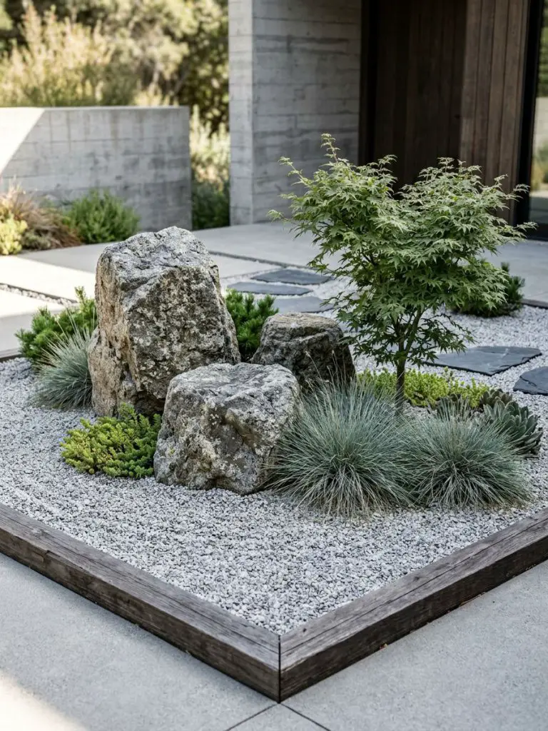 A minimalist rock garden island bed featuring sculptural greenery and large natural stones, styled in a Modern Rustic and slightly Zen-inspi.