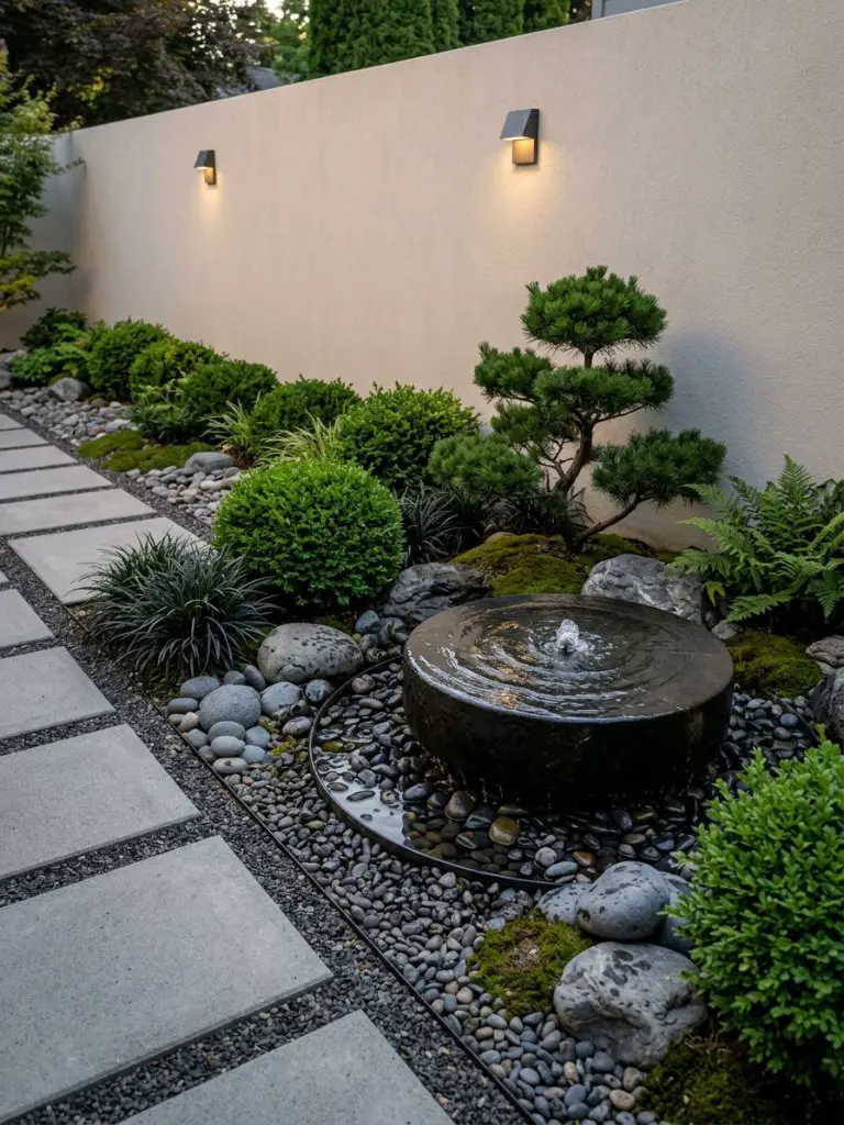 A minimalist Zen-inspired corner garden featuring a calming water fountain as the central focal point.
