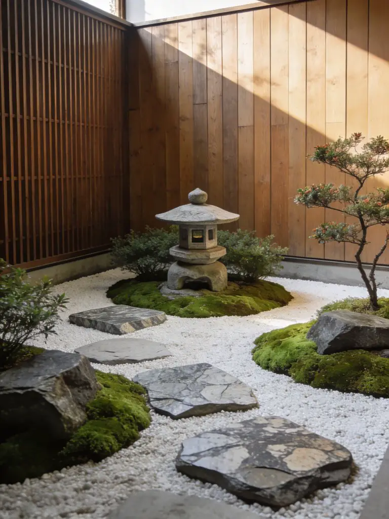 A compact Japanese courtyard garden designed in traditional Zen style with minimalist composition, featuring a central stone lantern as the.