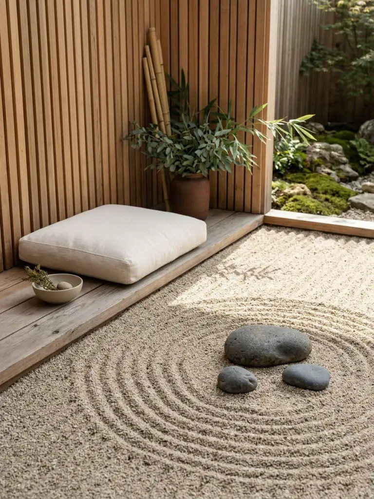 A serene zen garden corner with minimalist design, featuring sand patterns and natural elements in a Japandi-inspired outdoor space.