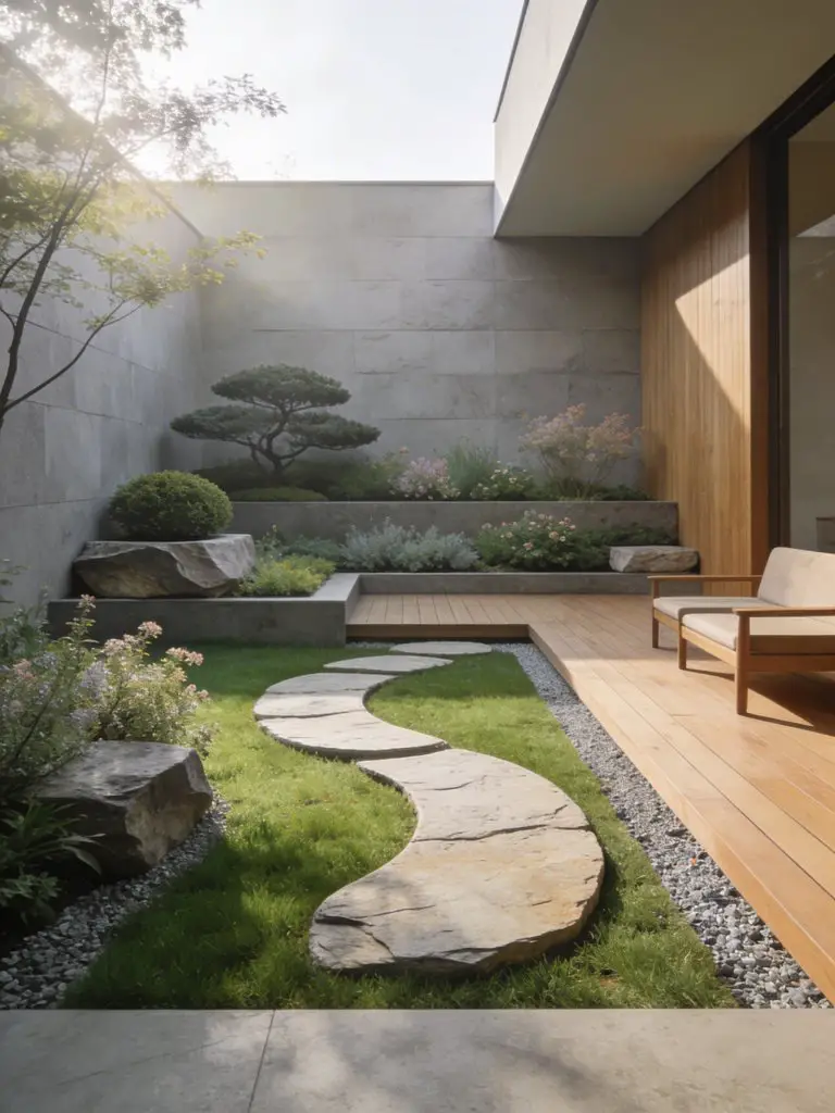A minimalist square garden inspired by zen design principles, featuring a clean layout with stepping stones across a lush green lawn.