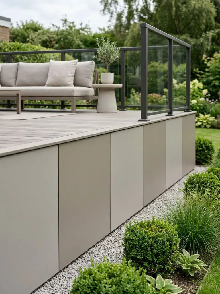 A sleek modern deck with minimalist composite panel skirting designed in a contemporary style.