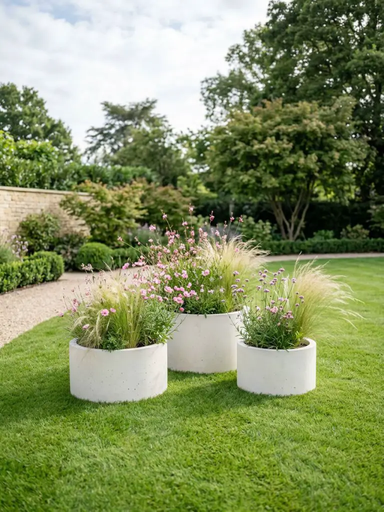 A refined minimalist garden scene with multiple circular concrete planters arranged in a clean, modern layout.