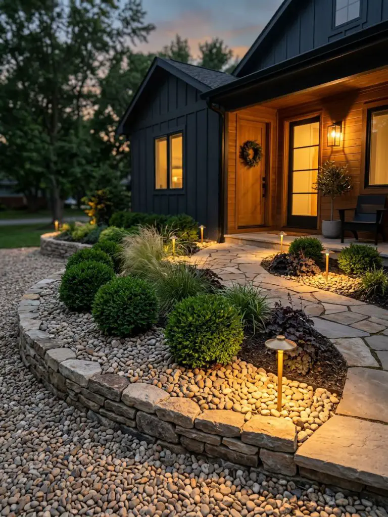 A minimalist front porch flower bed with gravel ground cover, sculpted shrubs, and warm outdoor lighting.