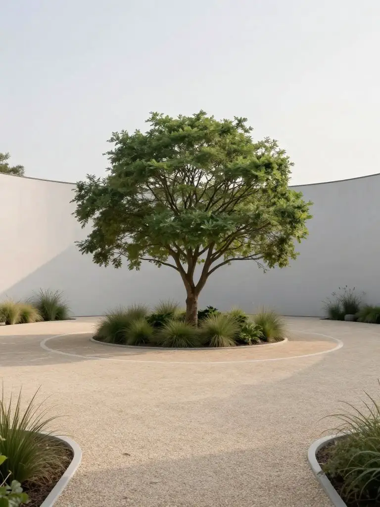 A minimalist circular driveway design featuring a single mature tree as the focal point, surrounded by a clean gravel bed and subtle plantin.