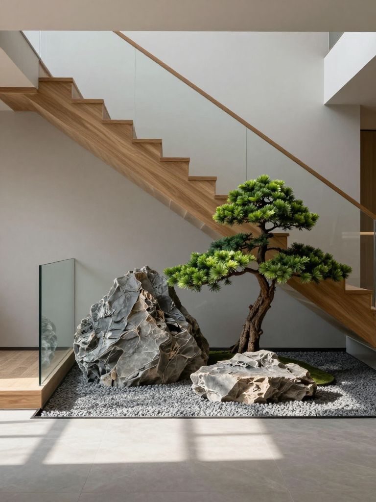 A minimalist indoor rock garden beneath stairs featuring sculptural stones and bonsai-style trees, designed in a Japandi-inspired aesthetic.