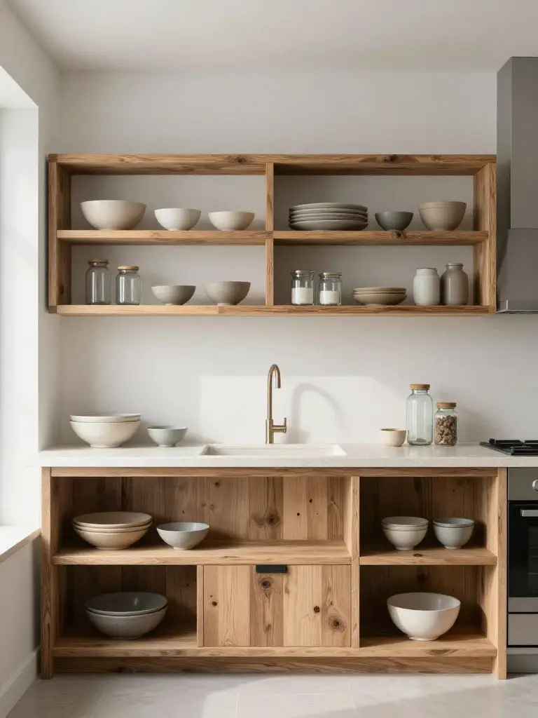 A sustainable minimalist kitchen with open shelving crafted from reclaimed wood, styled in a modern rustic aesthetic.