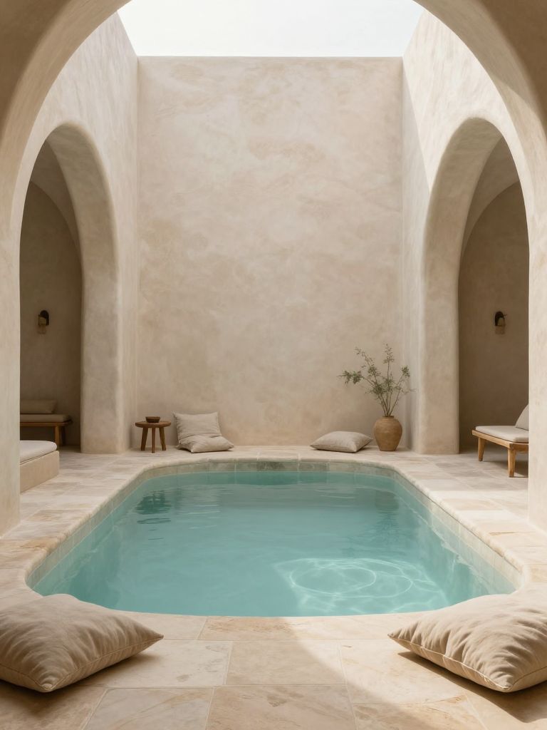 A minimalist Mediterranean courtyard pool with organic stone textures and soft architectural curves.