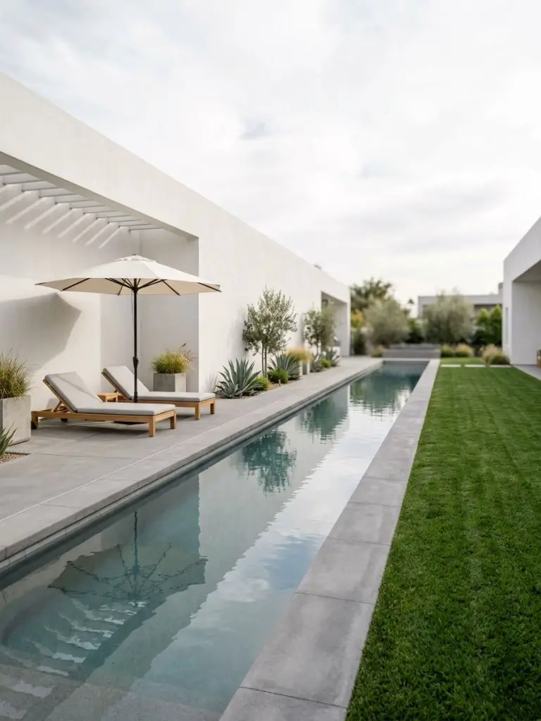 A minimalist modern backyard featuring a long narrow lap pool running parallel to a clean stucco wall, designed in a contemporary warm minim.