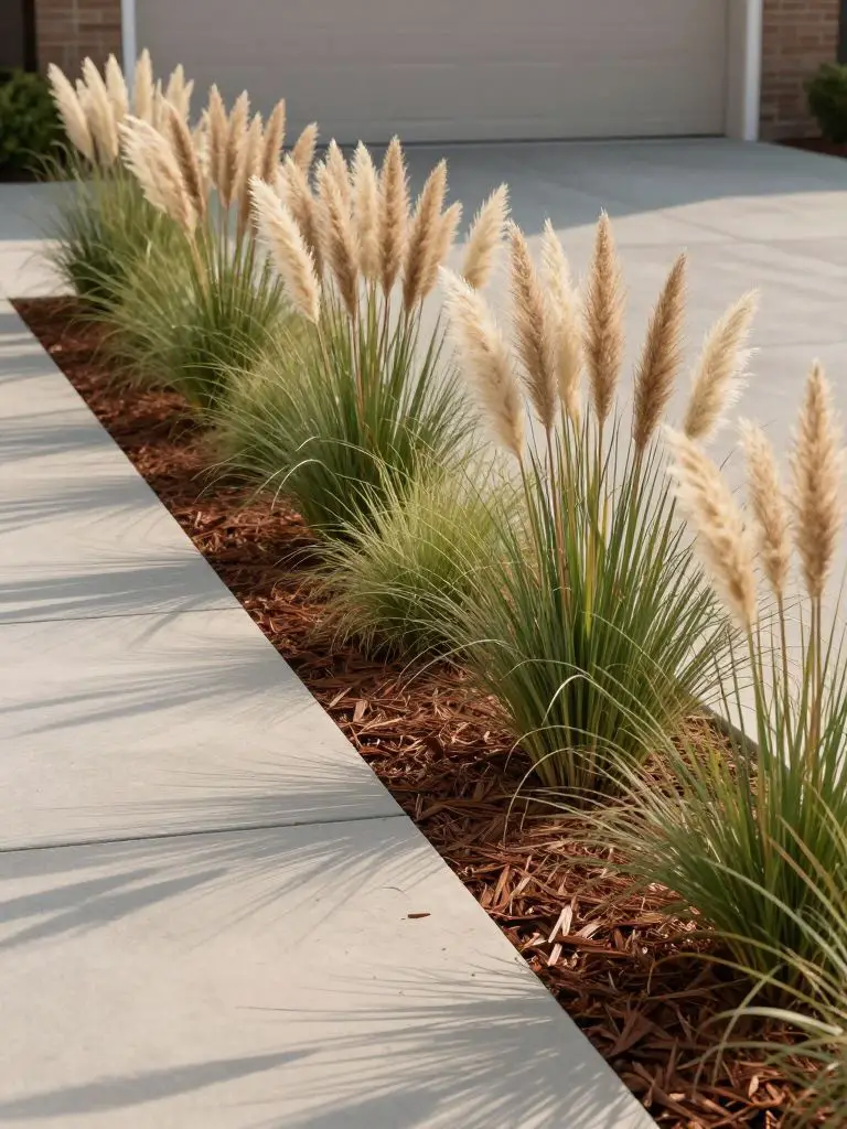 A clean minimalist driveway edge featuring tall pampas grass as the hero element, styled in a modern rustic and warm minimalist aesthetic.