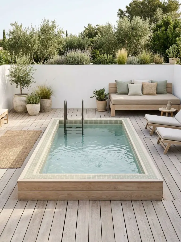 A minimalist plunge-style above ground pool paired with a clean-lined deck and modern outdoor lounge area.