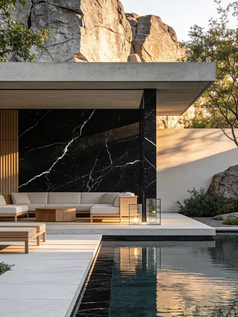 A minimalist luxury pool backyard featuring a modern pavilion with a dramatic stone backdrop, designed in Modern Minimalist with subtle Japa.