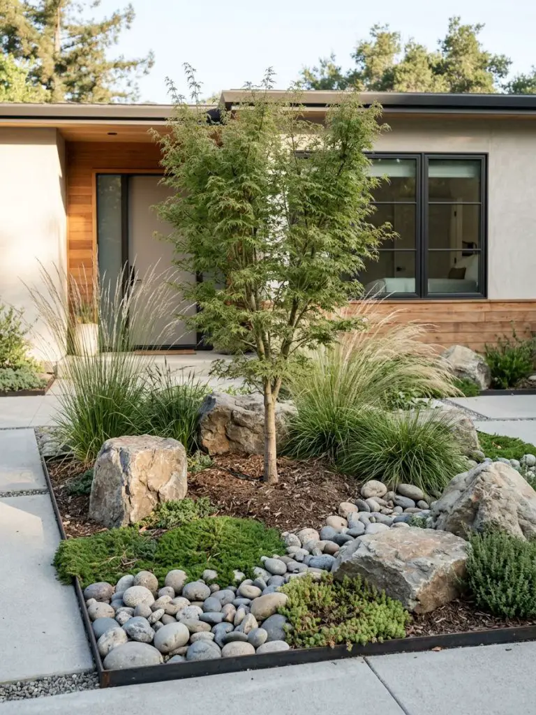 A minimalist front yard flower bed designed in a warm minimalist and modern rustic style featuring natural rock landscaping with ornamental.