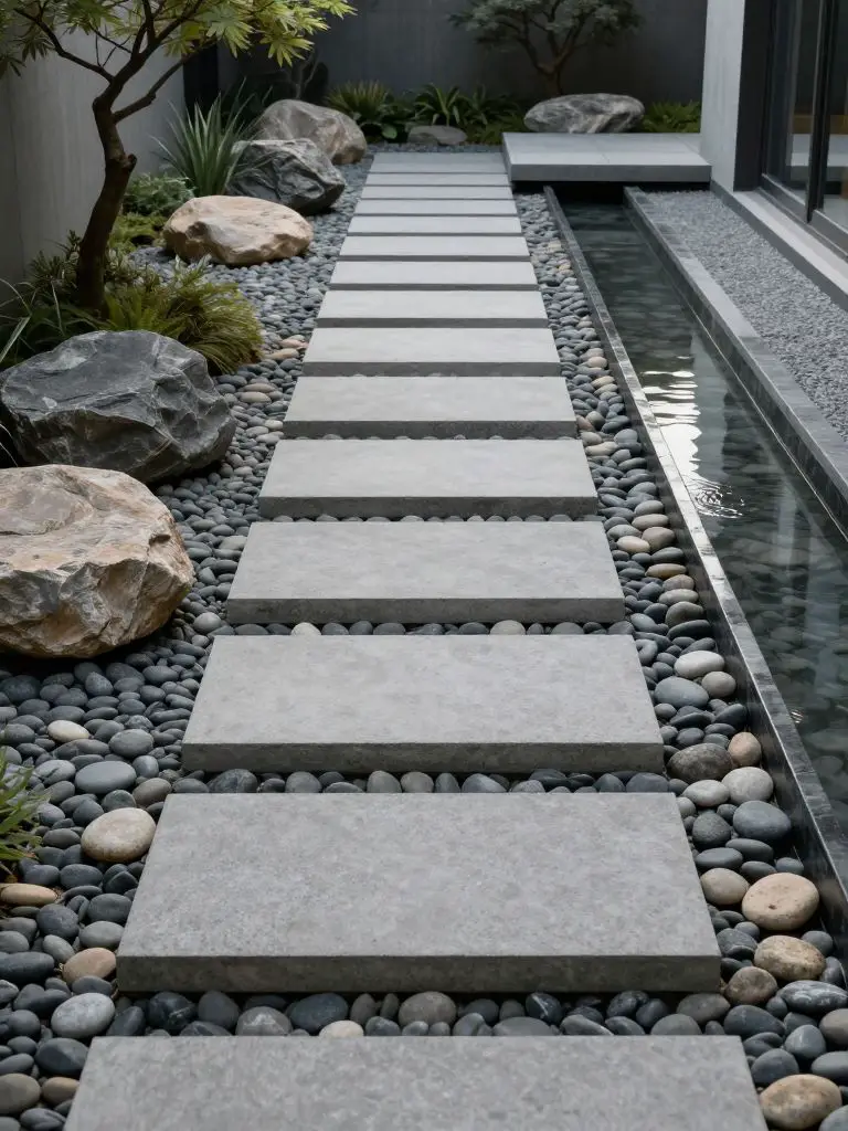 A serene narrow garden designed in Zen minimalist style, featuring large rectangular concrete stepping slabs set within smooth river stones.