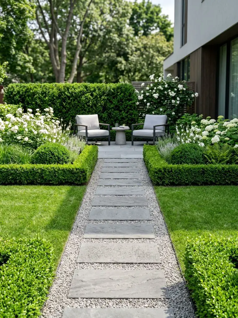 A minimalist backyard flower bed with structured boxwood borders and clean lawn edges, designed in a modern formal garden style.