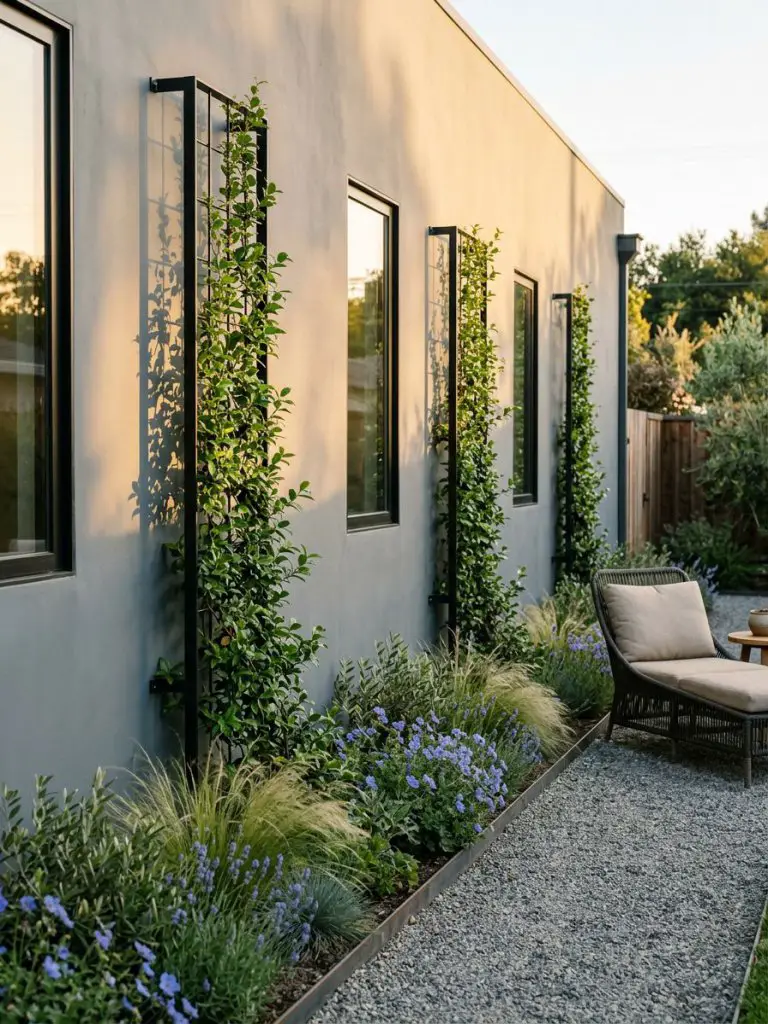 A sleek narrow flower bed along a smooth stucco exterior wall, styled in minimalist modern garden design.