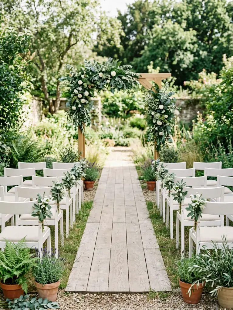A minimalist small garden wedding aisle in a Scandinavian-inspired Warm Minimalist style, featuring clean white chairs aligned on both sides.