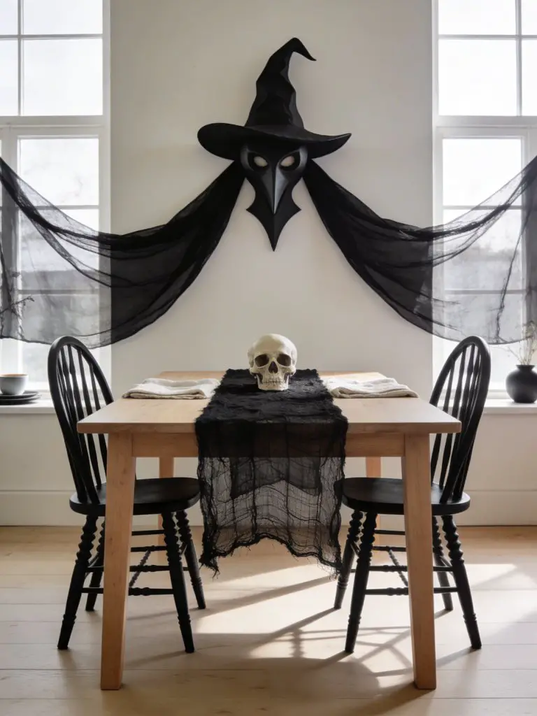 A minimalist witchy dining room with Scandinavian-inspired simplicity, featuring a light wood rectangular table paired with black spindle ch.