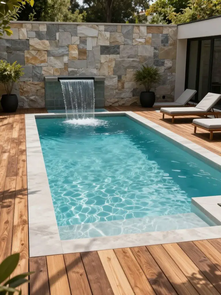 A minimalist backyard pool integrated into a wooden deck setting, featuring a long rectangular pool with a sleek built-in waterfall cascadin.