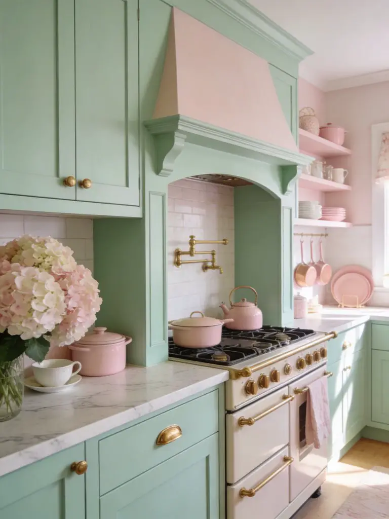 A soft pastel colorful cottage kitchen blending romantic cottagecore and Warm Minimalist style.
