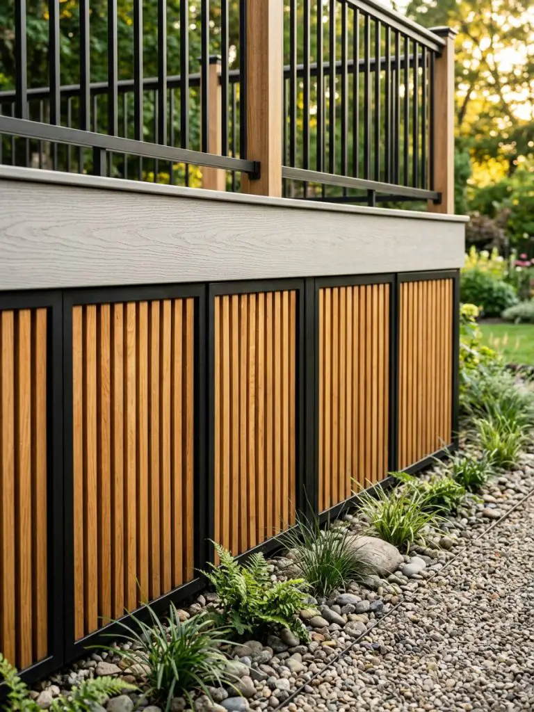 A mixed-material deck skirting design combining warm wood slats and matte black metal accents in a modern rustic style.