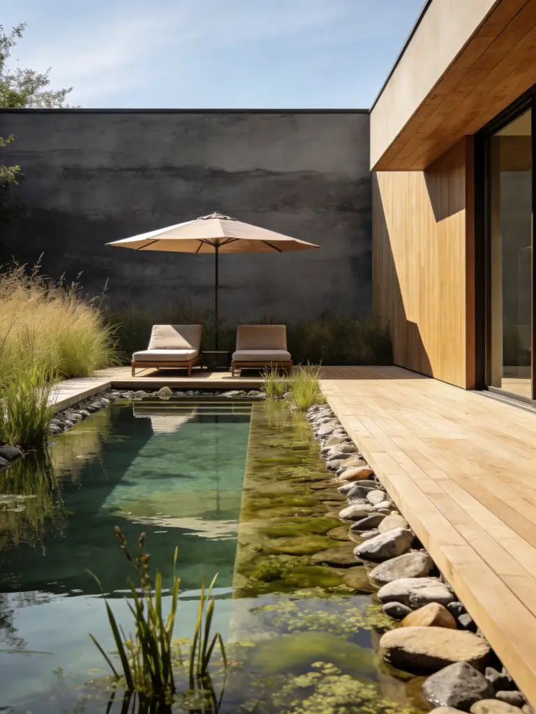 A modern natural swimming pool backyard with a clean-lined wooden deck in a warm minimalist and modern rustic fusion style.