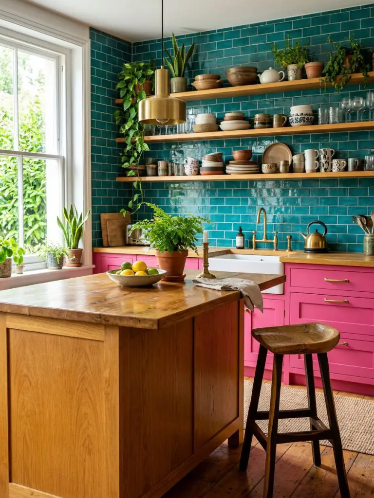 A modern boho kitchen with bold pink cabinetry contrasted against teal tiled walls, combining contemporary and bohemian design.
