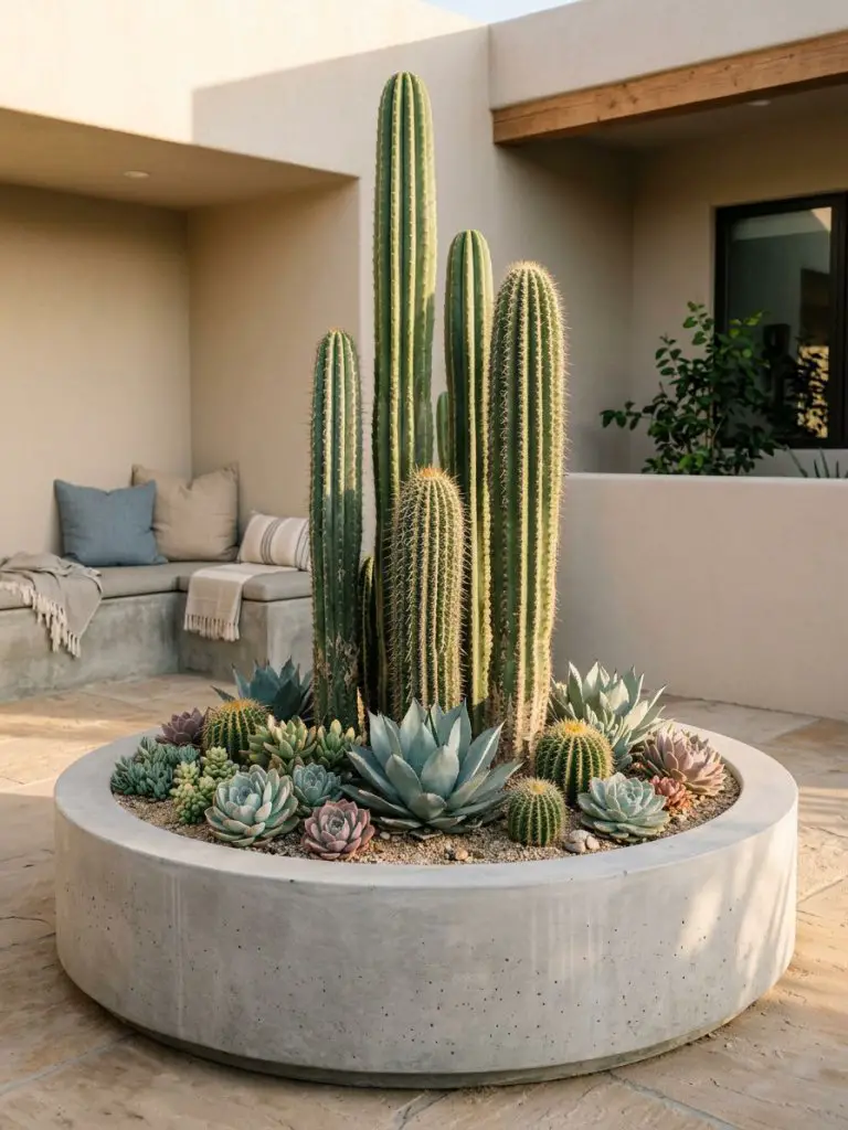 A bold modern desert-inspired circular planter crafted from smooth concrete, showcasing tall sculptural cacti as the primary focal point.