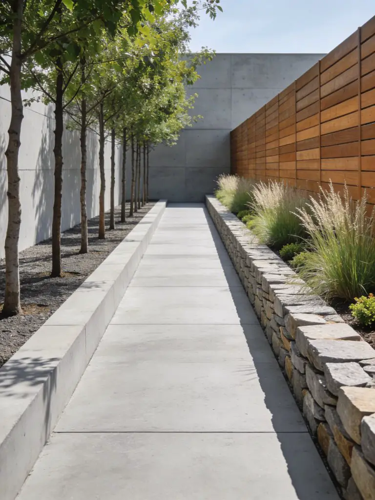 A sleek modern concrete driveway bordered by structured landscaping in a minimalist outdoor design.
