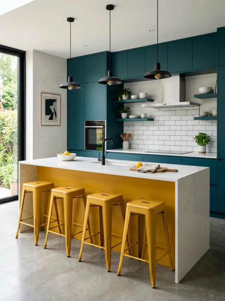 A modern minimalist kitchen with strong color contrast, featuring deep teal cabinetry paired with a bright yellow island and matching stools.