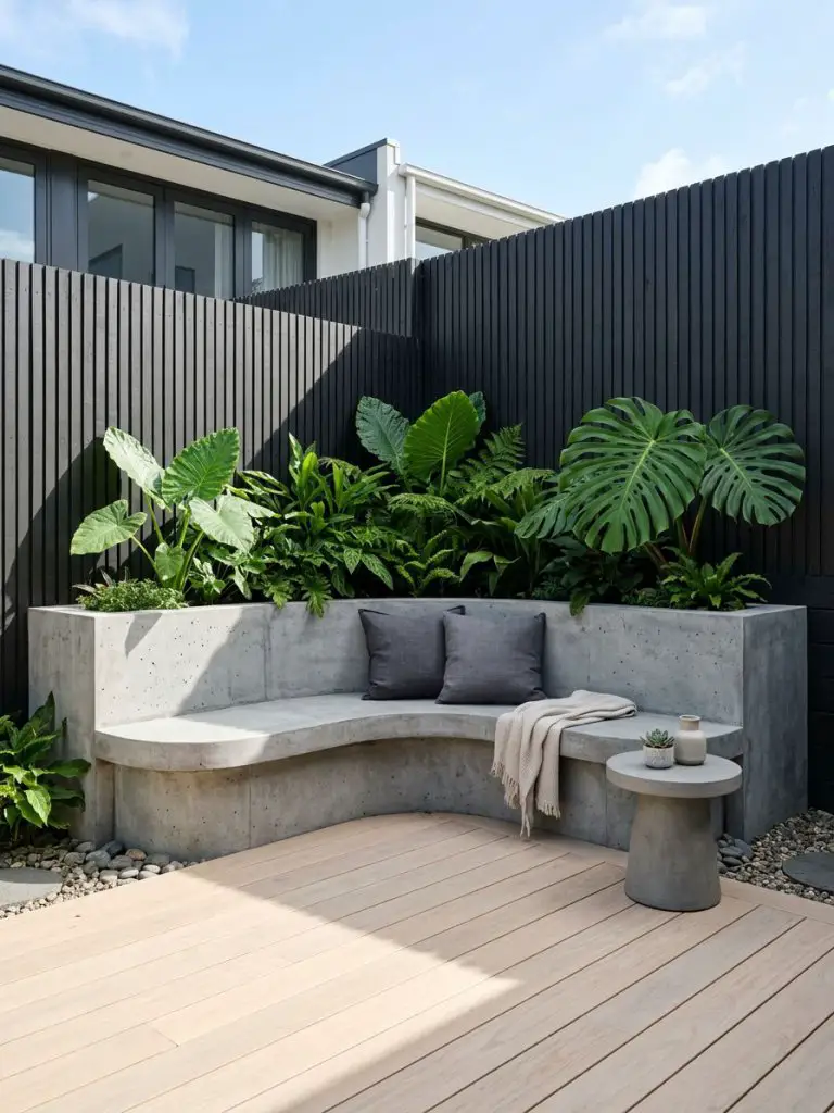 A sleek modern corner patio designed with a minimalist and architectural approach.