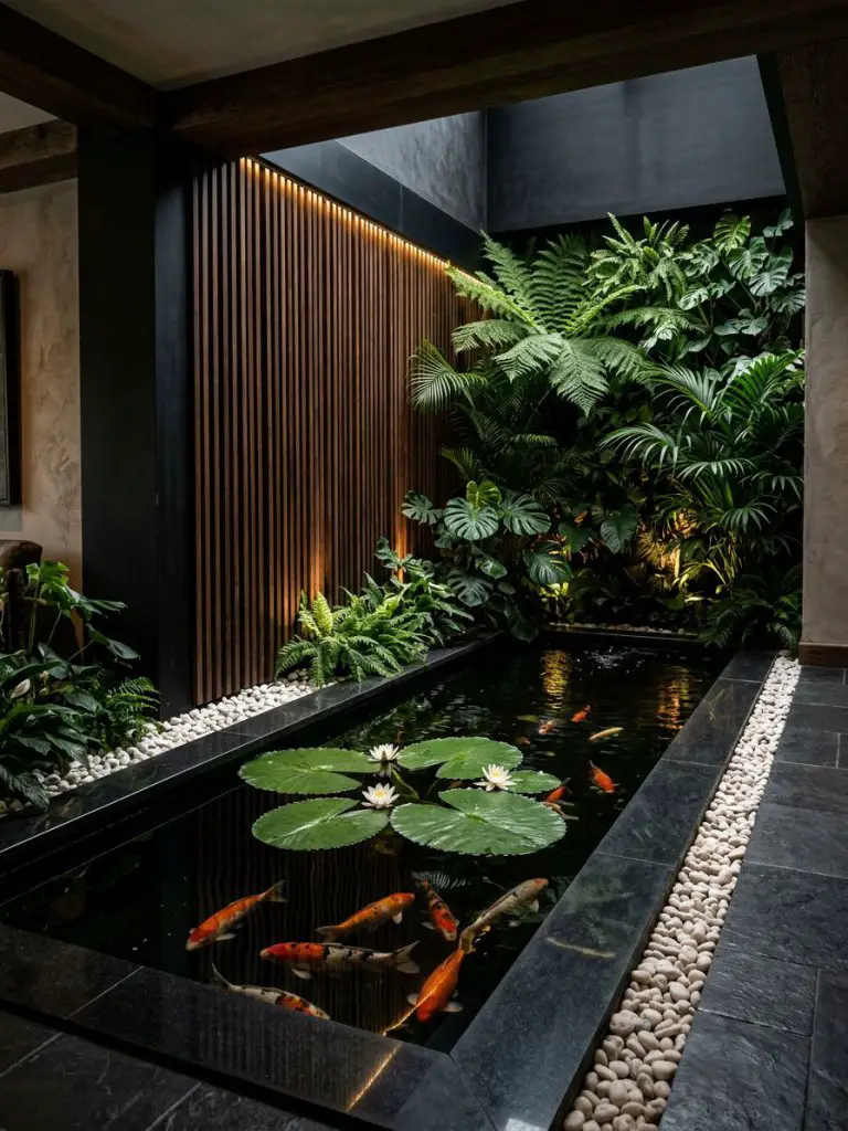 A bold modern indoor fish pond set within a dark-toned contemporary space, featuring vertical wood slat walls and dramatic greenery.