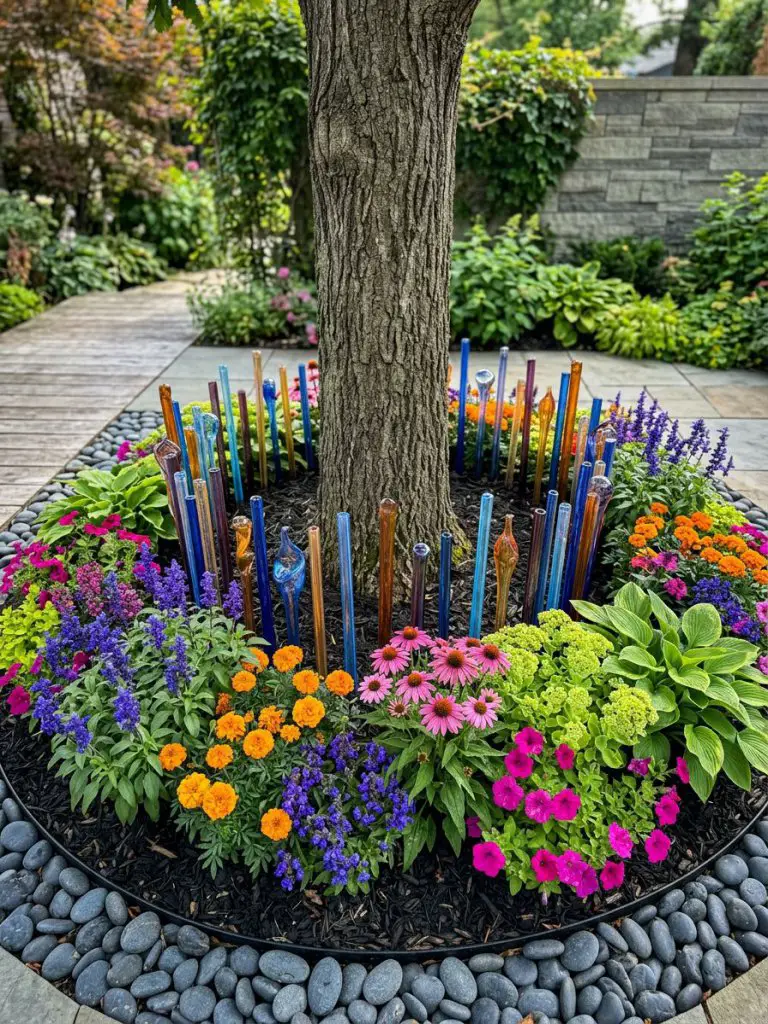 A bold modern tree flower bed featuring a circular arrangement with decorative glass stakes surrounding vibrant flowers in a contemporary ru.