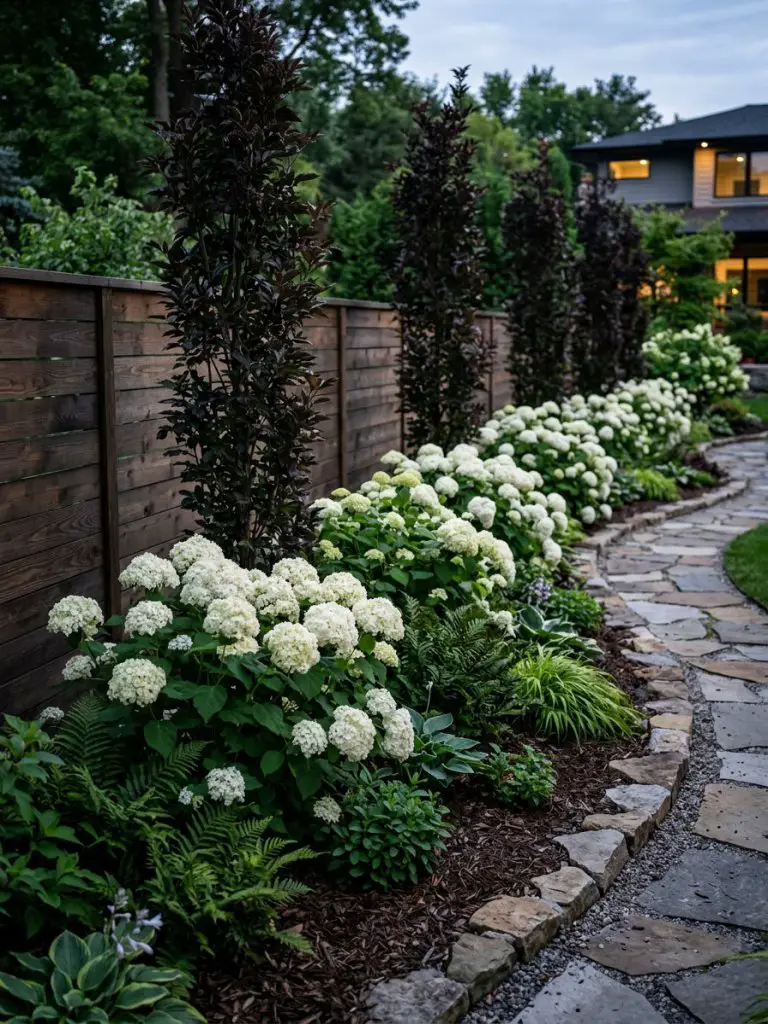 A modern fence-line flower bed featuring a contrast of dark-leaved vertical trees and soft white hydrangea blooms.