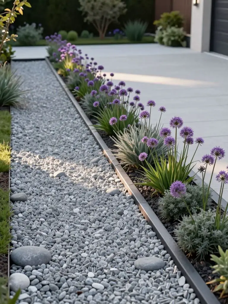 A modern driveway side landscaping design featuring a structured gravel strip bordered by smooth metal edging and soft purple flowering plan.