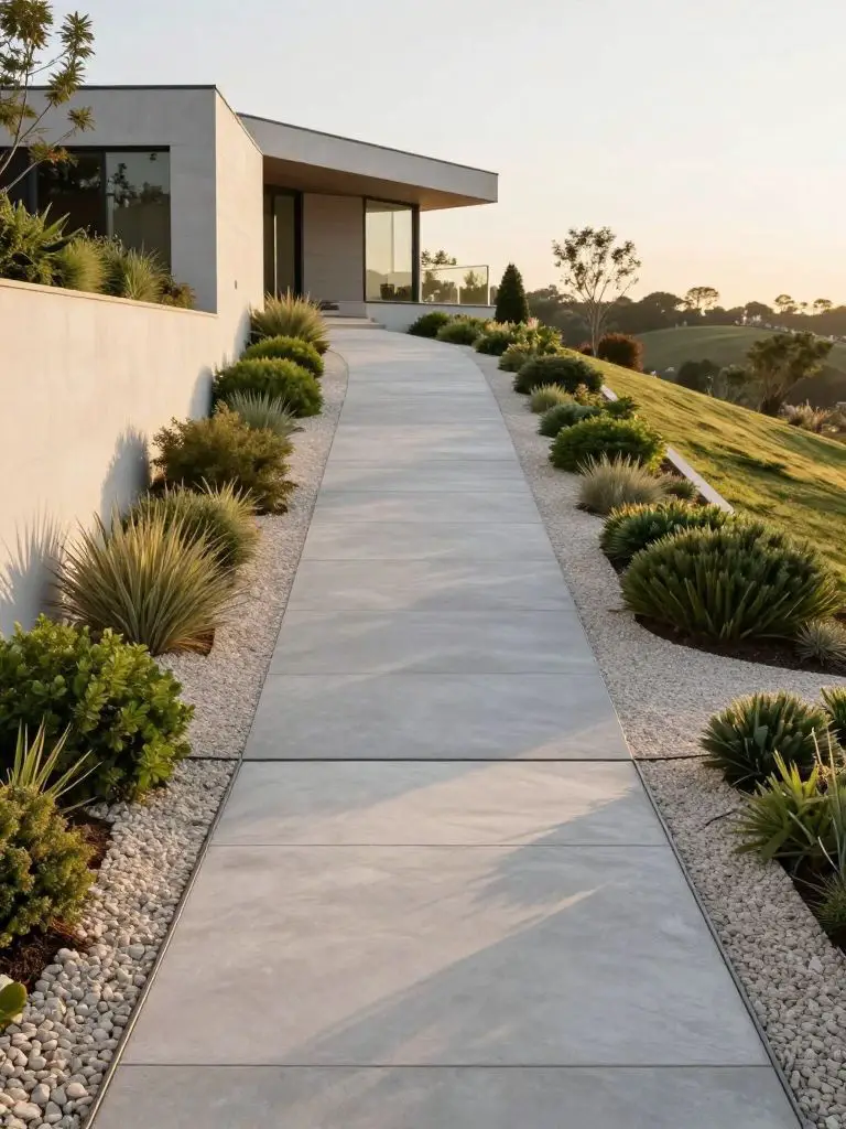 A modern hillside home featuring a minimalist sloped driveway landscaping design with clean lines and structured planting.