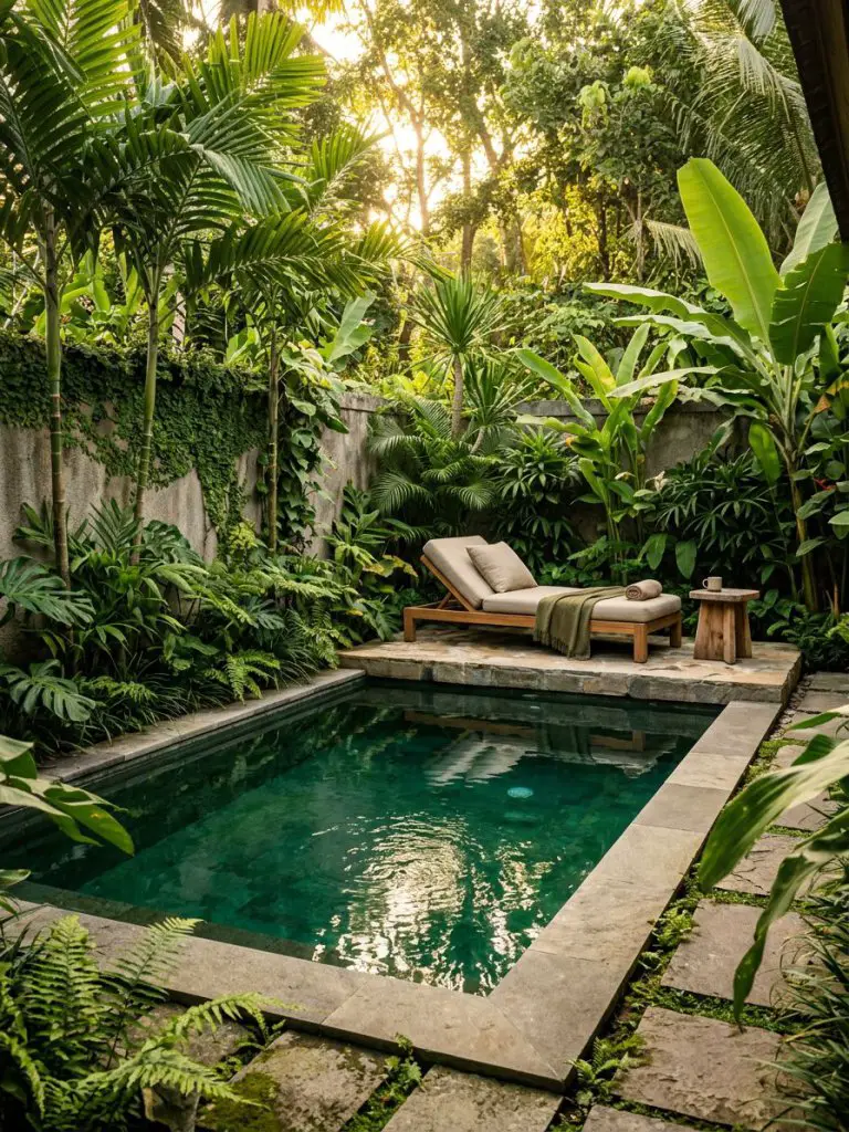 A modern jungle-inspired small backyard pool designed in warm minimalist tropical style, featuring a compact rectangular pool with smooth st.