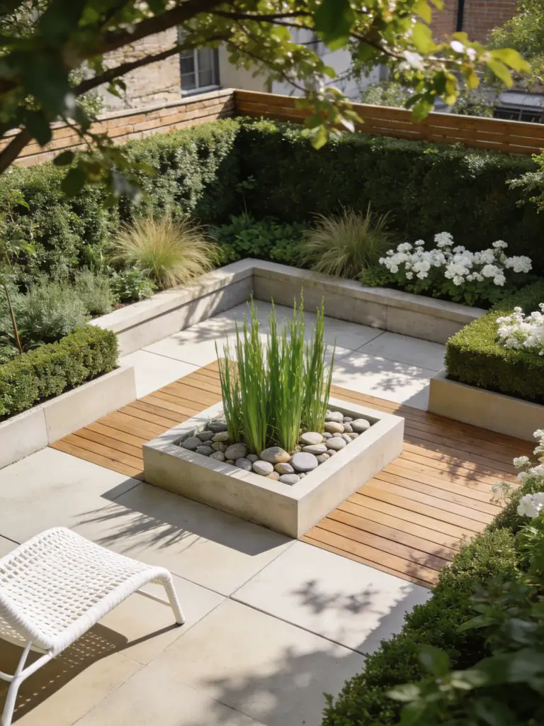 A compact urban square garden designed in a modern rustic style with warm minimalist influence, featuring a layered patio composition.