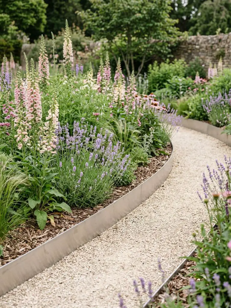 A modern garden edge featuring sleek metal edging that curves gracefully alongside a light gravel pathway, designed in a warm minimalist and.