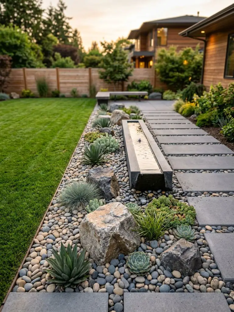 A modern small rock garden lining a lawn edge, featuring clean stepping stones and minimalist planting in a warm minimalist style.